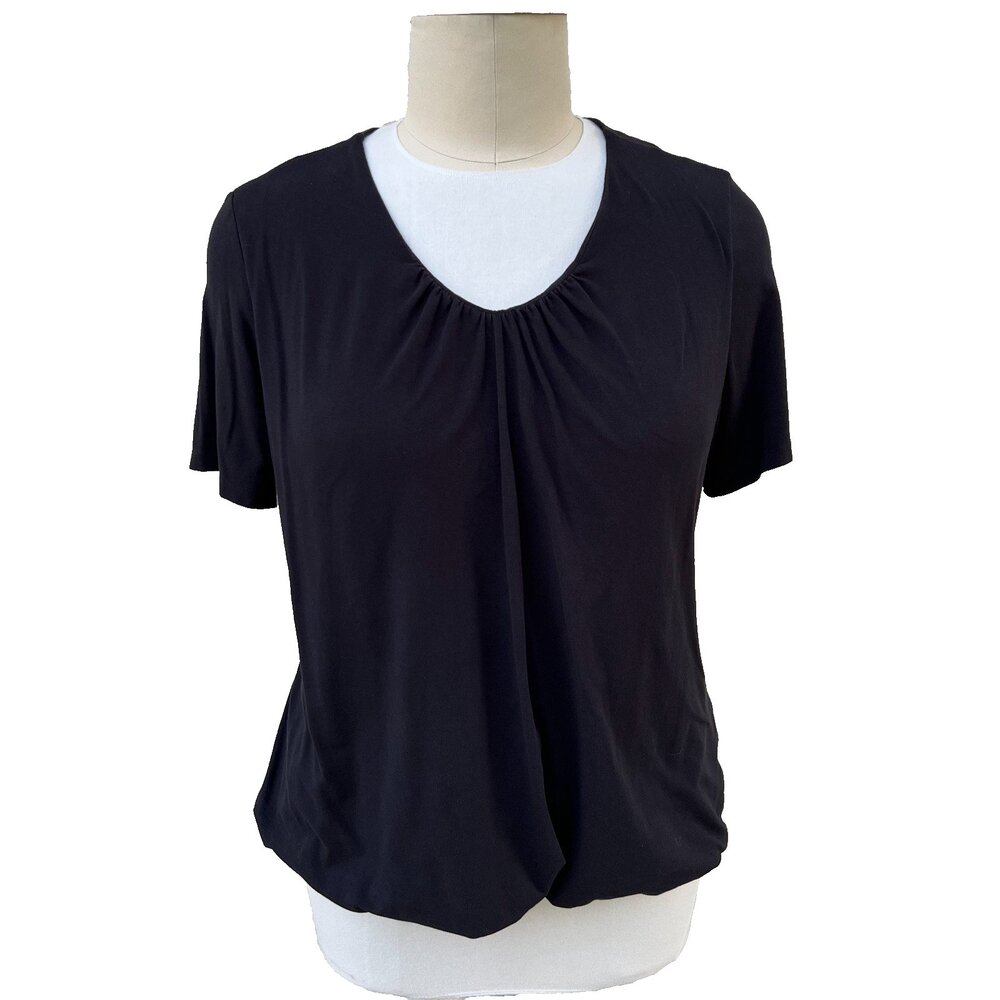 Susan Graver Blouse Womens 1X Black Ruched V-Neck Short Sleeve Bubble Front Hem